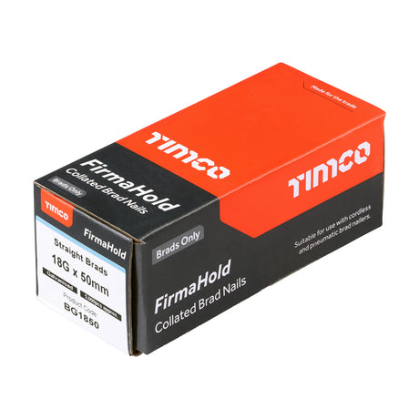This is an image showing TIMCO FirmaHold Collated Brad Nails - 18 Gauge - Straight - Galvanised - 18g x 50 - 5000 Pieces Box available from T.H Wiggans Ironmongery in Kendal, quick delivery at discounted prices.