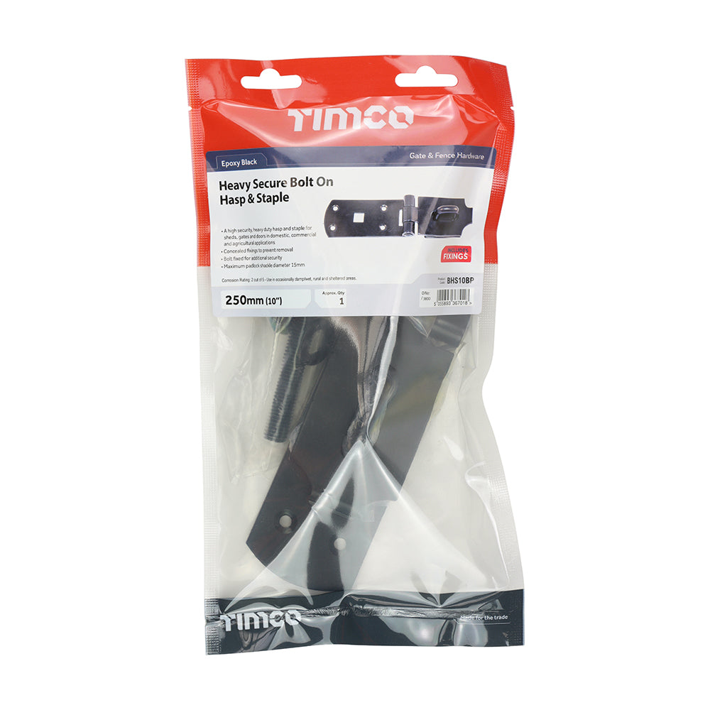 This is an image showing TIMCO Secure Bolt On Hasp & Staple - Heavy Duty - Black - 10" - 1 Each TIMbag available from T.H Wiggans Ironmongery in Kendal, quick delivery at discounted prices.