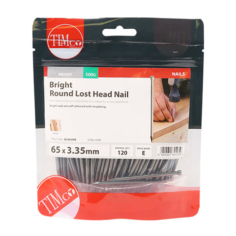 This is an image showing TIMCO Round Lost Head Nails - Bright - 65 x 3.35 - 0.5 Kilograms TIMbag available from T.H Wiggans Ironmongery in Kendal, quick delivery at discounted prices.