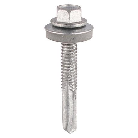 This is an image showing TIMCO Metal Construction Heavy Section Screws - Hex - EPDM Washer - Self-Drilling - Exterior - Silver Organic - 5.5 x 38 - 100 Pieces Box available from T.H Wiggans Ironmongery in Kendal, quick delivery at discounted prices.