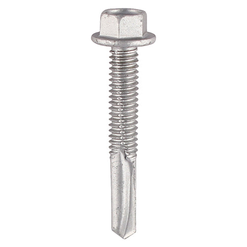 This is an image showing TIMCO Metal Construction Heavy Section Screws - Hex - Self-Drilling - Bi-Metal - Exterior - Silver Organic - 5.5 x 38 - 100 Pieces Box available from T.H Wiggans Ironmongery in Kendal, quick delivery at discounted prices.
