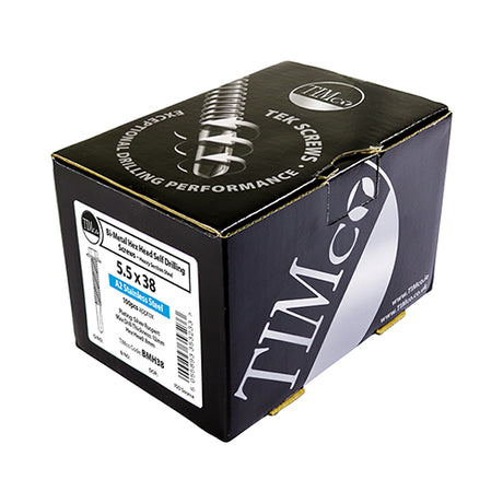 This is an image showing TIMCO Metal Construction Heavy Section Screws - Hex - Self-Drilling - Bi-Metal - Exterior - Silver Organic - 5.5 x 38 - 100 Pieces Box available from T.H Wiggans Ironmongery in Kendal, quick delivery at discounted prices.