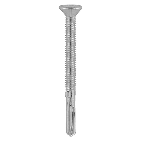 This is an image showing TIMCO Metal Construction Timber to Heavy Section Screws - Countersunk - Wing-Tip - Self-Drilling - Exterior - Silver Organic - 5.5 x 120 - 100 Pieces Box available from T.H Wiggans Ironmongery in Kendal, quick delivery at discounted prices.