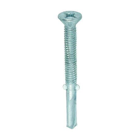 This is an image showing TIMCO Metal Construction Timber to Heavy Section Screws - Countersunk - Wing-Tip - Self-Drilling - Exterior - Silver Organic - 5.5 x 55 - 200 Pieces Box available from T.H Wiggans Ironmongery in Kendal, quick delivery at discounted prices.