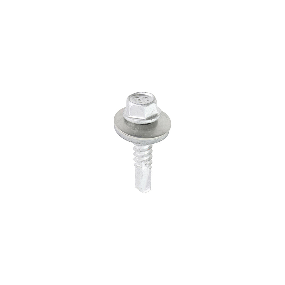 This is an image showing TIMCO Metal Construction Light Section Screws - Hex - EPDM Washer - Self-Drilling - Exterior - Silver Organic - 5.5 x 25 - 100 Pieces Box available from T.H Wiggans Ironmongery in Kendal, quick delivery at discounted prices.
