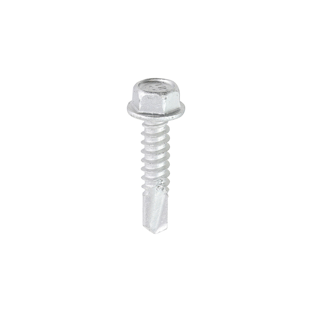 This is an image showing TIMCO Metal Construction Light Section Screws - Hex - Self-Drilling - Bi-Metal - Exterior - Silver Organic - 5.5 x 25 - 100 Pieces Box available from T.H Wiggans Ironmongery in Kendal, quick delivery at discounted prices.