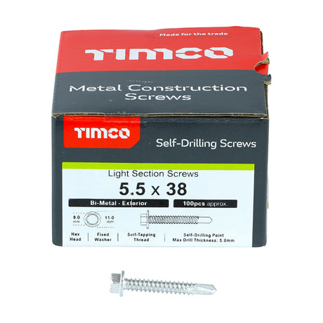 This is an image showing TIMCO Metal Construction Light Section Screws - Hex - Self-Drilling - Bi-Metal - Exterior - Silver Organic - 5.5 x 38 - 100 Pieces Box available from T.H Wiggans Ironmongery in Kendal, quick delivery at discounted prices.