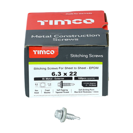 This is an image showing TIMCO Metal Construction Stitching Screws - For Sheet to Sheet - Hex - EPDM Washer - Bi-Metal - Exterior - Silver Organic - 6.3 x 22 - 100 Pieces Box available from T.H Wiggans Ironmongery in Kendal, quick delivery at discounted prices.