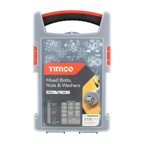 This is an image showing TIMCO Mixed Bolts, Nuts and Washers Grab Pack - Zinc - 500pcs - 500 Pieces Tray available from T.H Wiggans Ironmongery in Kendal, quick delivery at discounted prices.