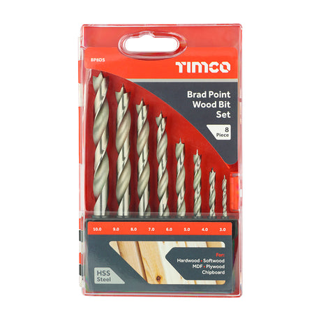 This is an image showing TIMCO Brad Point Wood Bit Set - 8pcs - 8 Pieces Case available from T.H Wiggans Ironmongery in Kendal, quick delivery at discounted prices.