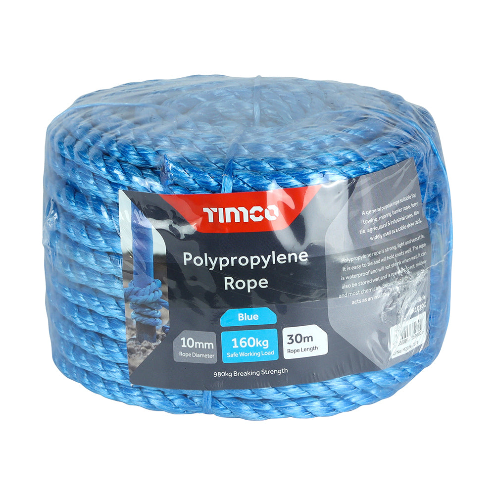 This is an image showing TIMCO Polypropylene Rope - Blue - Coil - 10mm x 30m - 1 Each Unit available from T.H Wiggans Ironmongery in Kendal, quick delivery at discounted prices.
