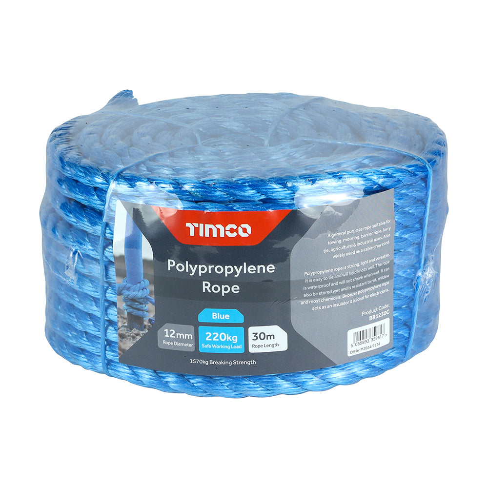 This is an image showing TIMCO Polypropylene Rope - Blue - Coil - 12mm x 30m - 1 Each Unit available from T.H Wiggans Ironmongery in Kendal, quick delivery at discounted prices.