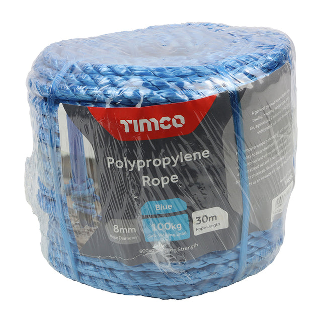 This is an image showing TIMCO Polypropylene Rope - Blue - Coil - 8mm x 30m - 1 Each Unit available from T.H Wiggans Ironmongery in Kendal, quick delivery at discounted prices.