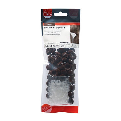 This is an image showing TIMCO Two Piece Screw Caps - Brown - To fit 3.5 to 4.2 Screw - 100 Pieces TIMpac available from T.H Wiggans Ironmongery in Kendal, quick delivery at discounted prices.