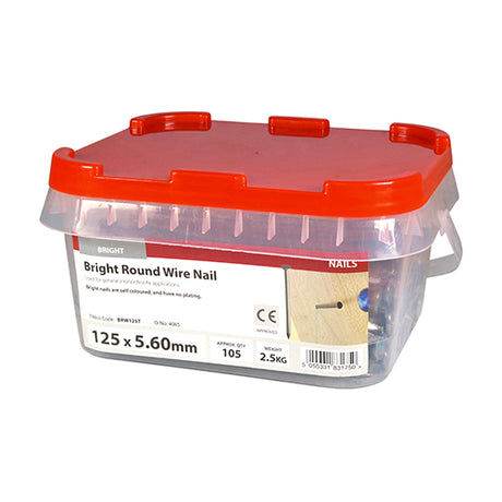 This is an image showing TIMCO Round Wire Nails - Bright - 125 x 5.60 - 2.5 Kilograms TIMtub available from T.H Wiggans Ironmongery in Kendal, quick delivery at discounted prices.