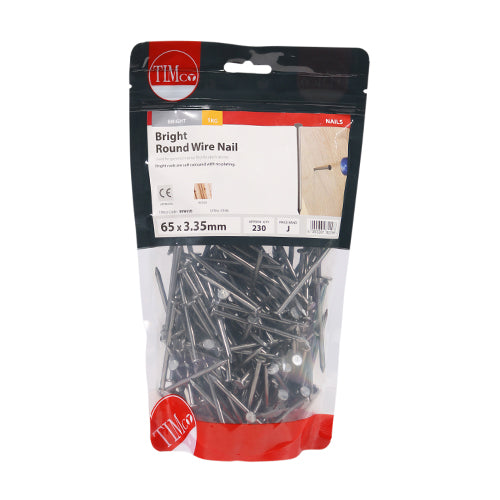 This is an image showing TIMCO Round Wire Nails - Bright - 65 x 3.35 - 1 Kilograms TIMbag available from T.H Wiggans Ironmongery in Kendal, quick delivery at discounted prices.