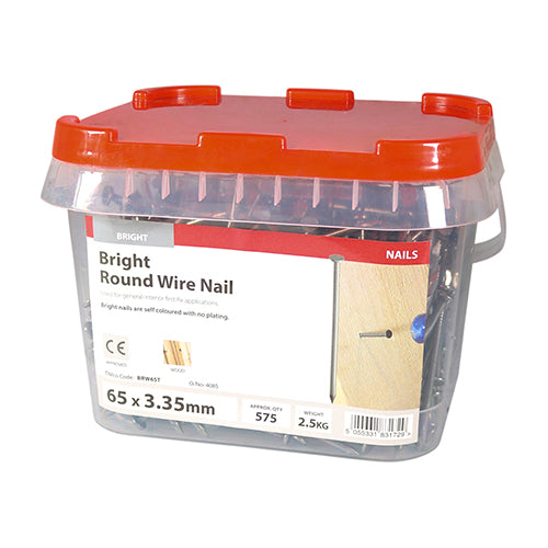 This is an image showing TIMCO Round Wire Nails - Bright - 65 x 3.35 - 2.5 Kilograms TIMtub available from T.H Wiggans Ironmongery in Kendal, quick delivery at discounted prices.