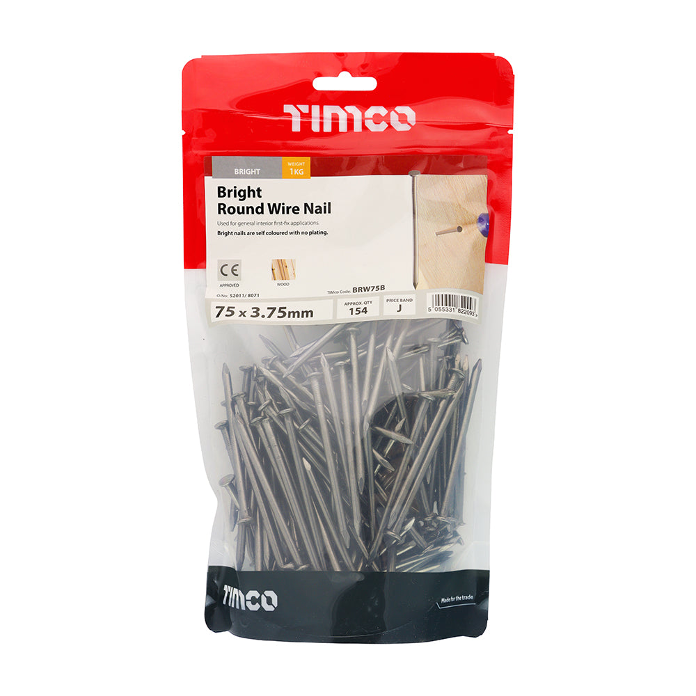 This is an image showing TIMCO Round Wire Nails - Bright - 75 x 3.75 - 1 Kilograms TIMbag available from T.H Wiggans Ironmongery in Kendal, quick delivery at discounted prices.