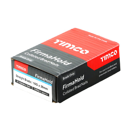 This is an image showing TIMCO FirmaHold Collated Brad Nails - 16 Gauge - Straight - A2 Stainless Steel - 16g x 25 - 2000 Pieces Box available from T.H Wiggans Ironmongery in Kendal, quick delivery at discounted prices.