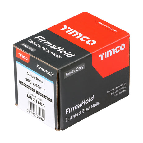 This is an image showing TIMCO FirmaHold Collated Brad Nails - 16 Gauge - Straight - A2 Stainless Steel - 16g x 64 - 2000 Pieces Box available from T.H Wiggans Ironmongery in Kendal, quick delivery at discounted prices.