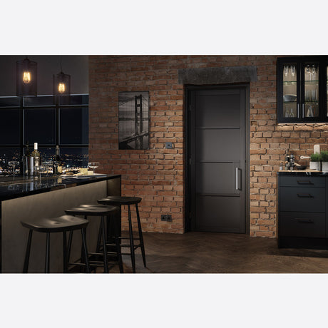 This is an image showing LPD - Chelsea 4P Primed Plus Black Doors 762 x 1981 available from T.H Wiggans Ironmongery in Kendal, quick delivery at discounted prices.
