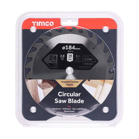 This is an image showing TIMCO Circular Saw Blade - General Purpose - Coarse/Medium - 184 x 16 x 24T - 1 Each Clamshell available from T.H Wiggans Ironmongery in Kendal, quick delivery at discounted prices.