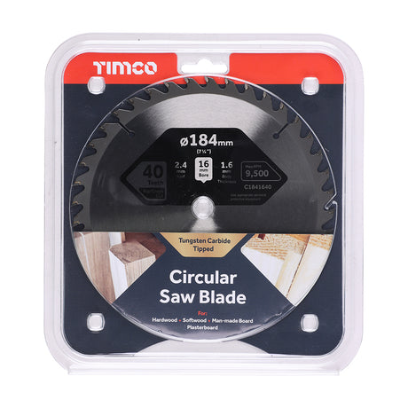 This is an image showing TIMCO Circular Saw Blade - Trimming/Crosscut - Medium/Fine - 184 x 16 x 40T - 1 Each Clamshell available from T.H Wiggans Ironmongery in Kendal, quick delivery at discounted prices.