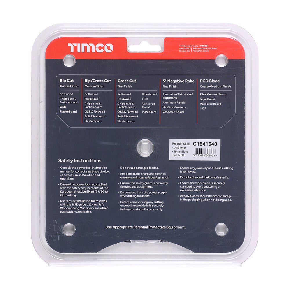 This is an image showing TIMCO Circular Saw Blade - Trimming/Crosscut - Medium/Fine - 184 x 16 x 40T - 1 Each Clamshell available from T.H Wiggans Ironmongery in Kendal, quick delivery at discounted prices.