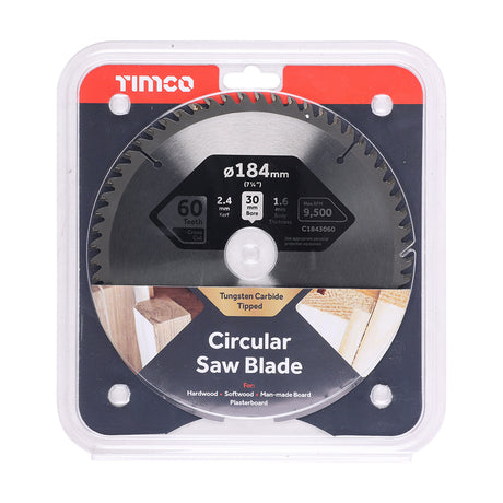 This is an image showing TIMCO Circular Saw Blade - Fine Trim/Finishing - Extra Fine - 184 x 30 x 60T - 1 Each Clamshell available from T.H Wiggans Ironmongery in Kendal, quick delivery at discounted prices.