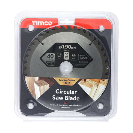 This is an image showing TIMCO Circular Saw Blade - General Purpose - Coarse/Medium - 190 x 30 x 40T - 1 Each Clamshell available from T.H Wiggans Ironmongery in Kendal, quick delivery at discounted prices.