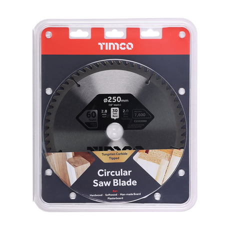 This is an image showing TIMCO Circular Saw Blade - Trimming/Crosscut - Medium/Fine - 250 x 30 x 60T - 1 Each Clamshell available from T.H Wiggans Ironmongery in Kendal, quick delivery at discounted prices.