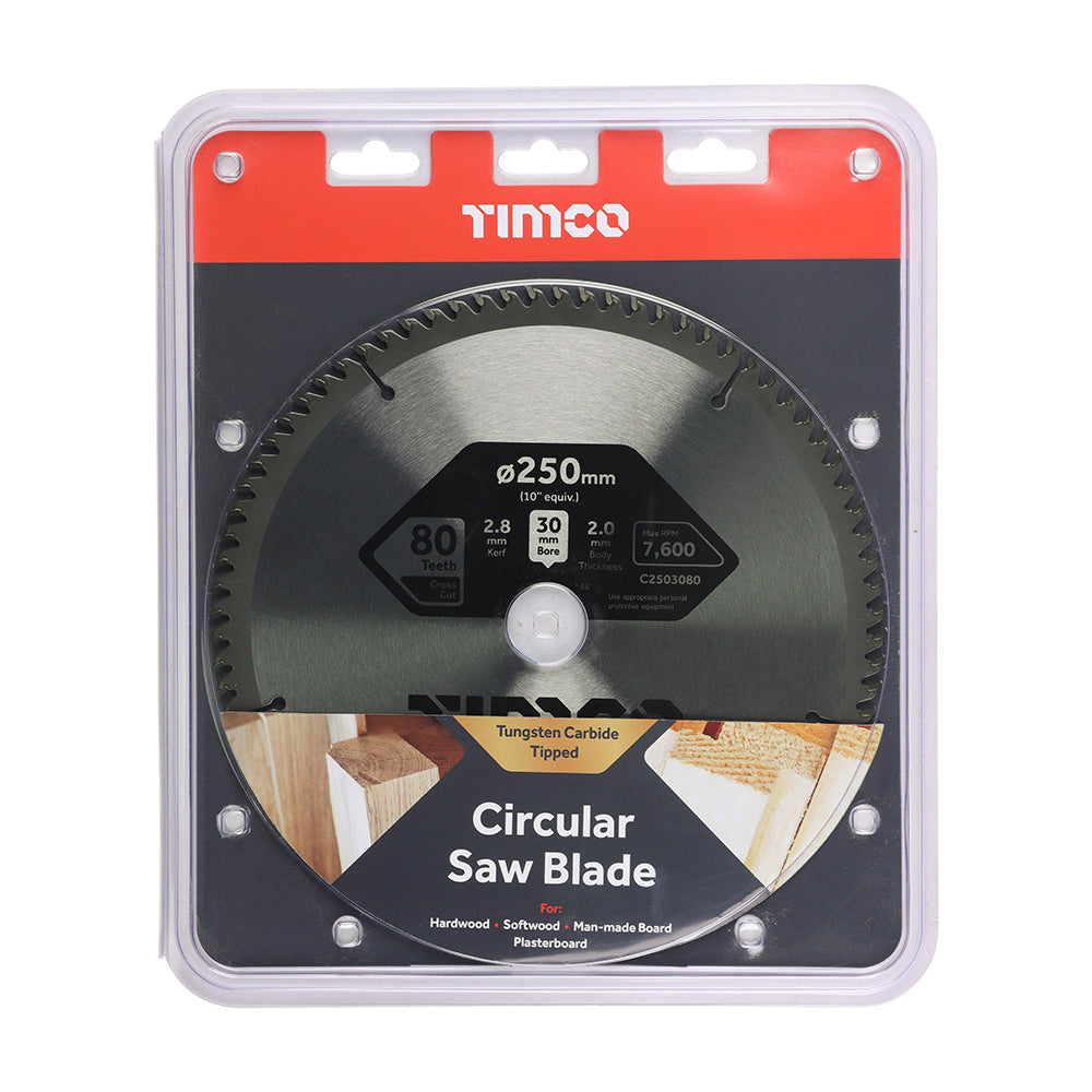 This is an image showing TIMCO Circular Saw Blade - Fine Trim/Finishing - Extra Fine - 250 x 30 x 80T - 1 Each Clamshell available from T.H Wiggans Ironmongery in Kendal, quick delivery at discounted prices.