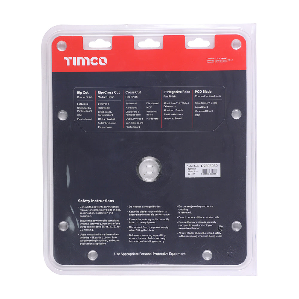 This is an image showing TIMCO Circular Saw Blade - General Purpose - Coarse/Medium - 260 x 30 x 30T - 1 Each Clamshell available from T.H Wiggans Ironmongery in Kendal, quick delivery at discounted prices.