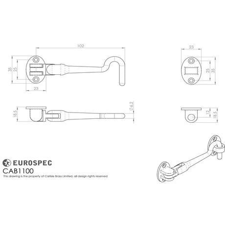 This image is a line drwaing of a Eurospec - Silent Pattern Cabin Hook 100mm - Satin Stainless Steel available to order from Trade Door Handles in Kendal