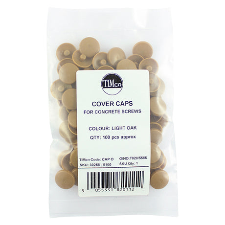 This is an image showing TIMCO Concrete Screw Cover Caps - Light Oak - LIGHT OAK - 100 Pieces Bag available from T.H Wiggans Ironmongery in Kendal, quick delivery at discounted prices.