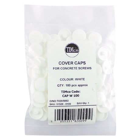 This is an image showing TIMCO Concrete Screw Cover Caps - White - WHITE - 100 Pieces Bag available from T.H Wiggans Ironmongery in Kendal, quick delivery at discounted prices.