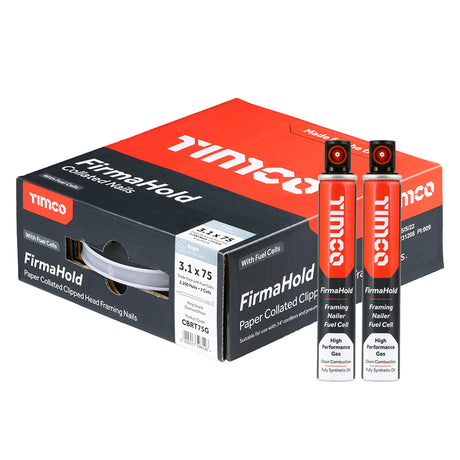 This is an image showing TIMCO FirmaHold Collated Clipped Head Nails & Fuel Cells - Trade Pack - Ring Shank - Bright - 3.1 x 75/2CFC - 2200 Pieces Box available from T.H Wiggans Ironmongery in Kendal, quick delivery at discounted prices.