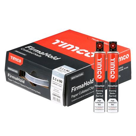 This is an image showing TIMCO FirmaHold Collated Clipped Head Nails & Fuel Cells - Trade Pack - Plain Shank - Bright - 3.1 x 90/2CFC - 2200 Pieces Box available from T.H Wiggans Ironmongery in Kendal, quick delivery at discounted prices.