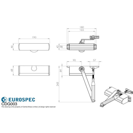 This image is a line drwaing of a Eurospec - Plated Full Cover Overhead Door Closer SNP - Satin Nickel Plated available to order from Trade Door Handles in Kendal