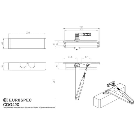 This image is a line drwaing of a Eurospec - Overhead Door Closer En2-4 C/W Bc Fig 6 Bracket Full Cover And Armset available to order from Trade Door Handles in Kendal