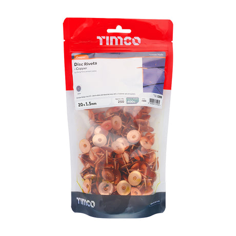 This is an image showing TIMCO Disc Rivets - Copper - 20 x 1.50 - 250 Pieces TIMbag available from T.H Wiggans Ironmongery in Kendal, quick delivery at discounted prices.