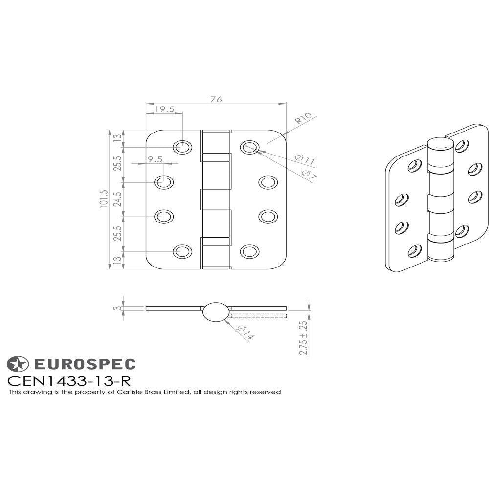 This image is a line drwaing of a Eurospec - Enduro Grade 13 Ball Bearing Hinge, (Radius) Grade 316 - SSS available to order from T.H Wiggans Architectural Ironmongery in in Kendal