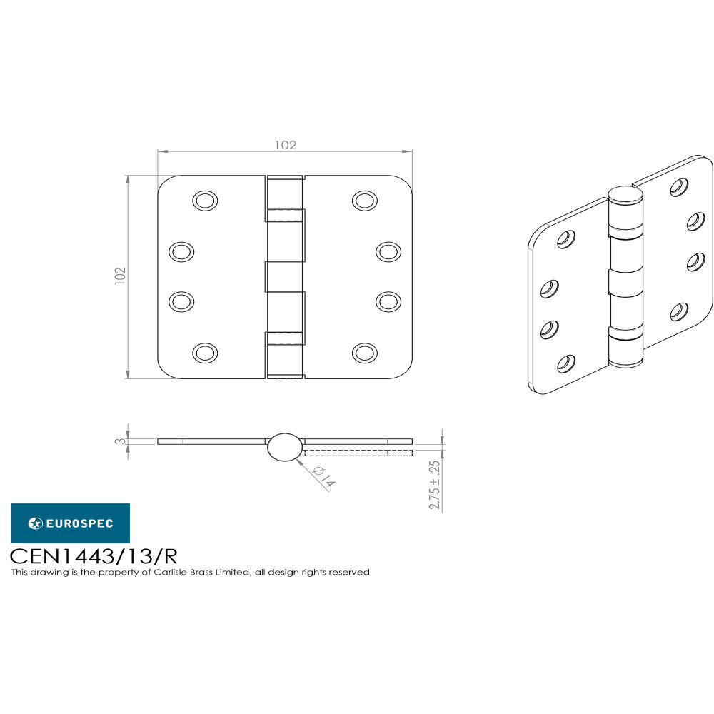 This image is a line drwaing of a Eurospec - Enduro Grade 13 Ball Bearing Hinge, (Radius) Grade 316 - SSS available to order from T.H Wiggans Architectural Ironmongery in in Kendal