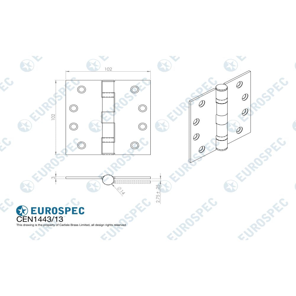 This image is a line drwaing of a Eurospec - Enduro Grade 13 Ball Bearing Hinge, Grade 316 - SSS available to order from T.H Wiggans Architectural Ironmongery in Kendal