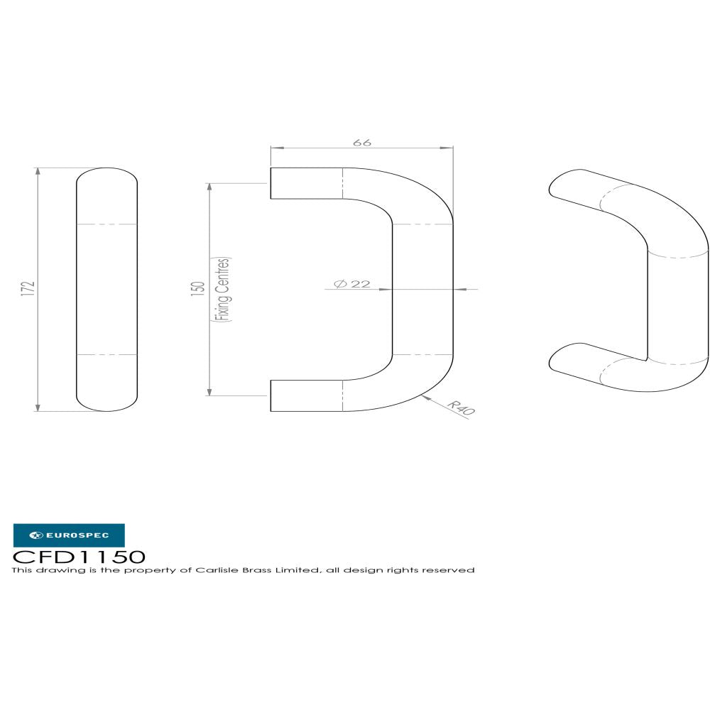 This image is a line drwaing of a Eurospec - 22mm D Pull Handle 150mm Centres - Satin Stainless Steel available to order from Trade Door Handles in Kendal