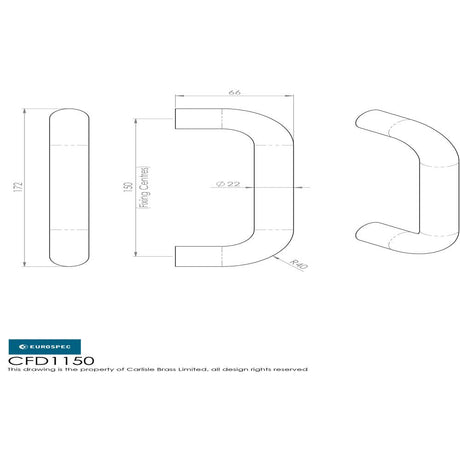 This image is a line drwaing of a Eurospec - 22mm D Pull Handle 150mm Centres - Satin Stainless Steel available to order from Trade Door Handles in Kendal