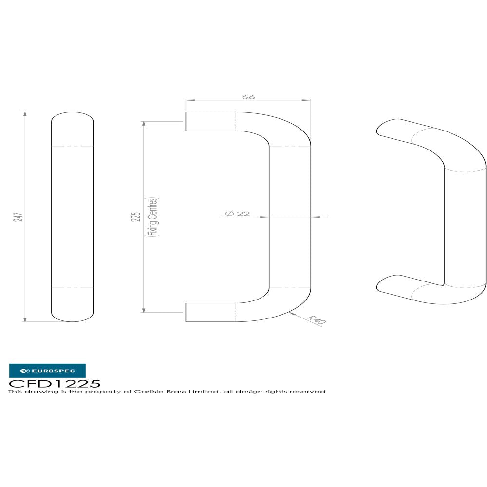 This image is a line drwaing of a Eurospec - 22mm D Pull Handle 225mm Centres - Satin Stainless Steel available to order from Trade Door Handles in Kendal