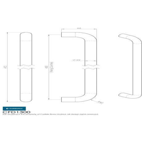 This image is a line drwaing of a Eurospec - 22mm D Pull Handle 300mm Centres - Satin Stainless Steel available to order from Trade Door Handles in Kendal