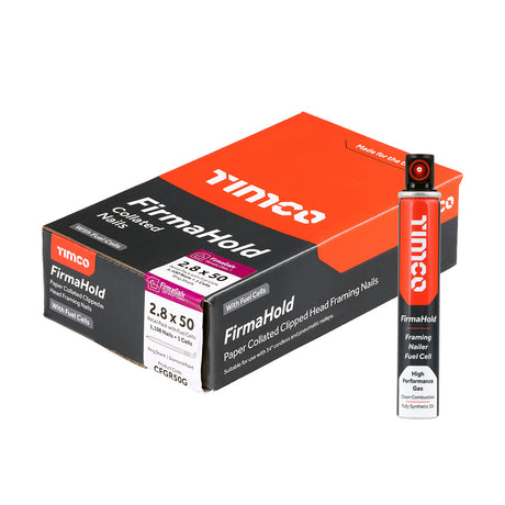 This is an image showing TIMCO FirmaHold Collated Clipped Head Nails & Fuel Cells - Retail Pack - Ring Shank - FirmaGalv - 2.8 x 50/1CFC - 1100 Pieces Box available from T.H Wiggans Ironmongery in Kendal, quick delivery at discounted prices.
