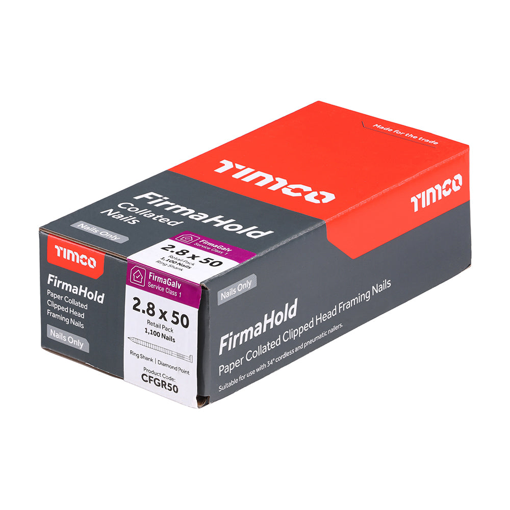 This is an image showing TIMCO FirmaHold Collated Clipped Head Nails - Retail Pack - Ring Shank - FirmaGalv - 2.8 x 50 - 1100 Pieces Box available from T.H Wiggans Ironmongery in Kendal, quick delivery at discounted prices.